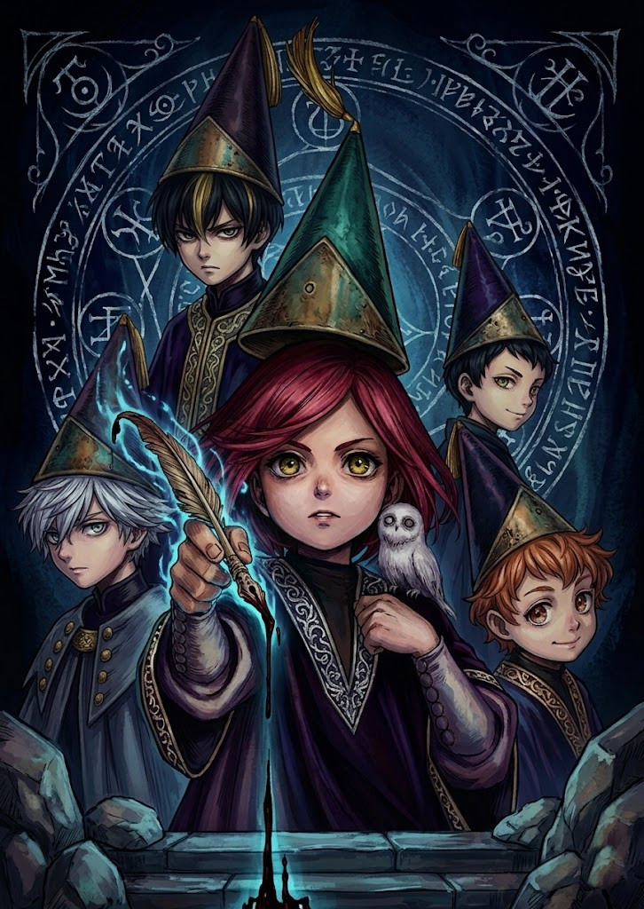 Fantasy anime characters gathered around a glowing magical circle, set against a dark, cosmic background.